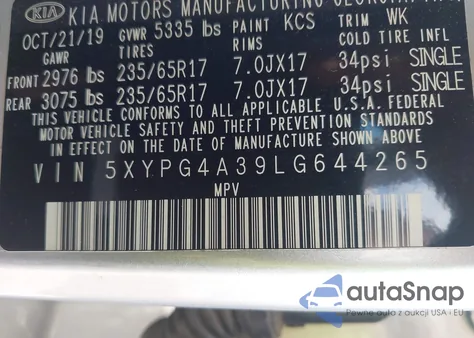 2020 Kia Sorento 2.4L L z USA, uszkodzony, nr VIN 5XYPG4A39LG644265